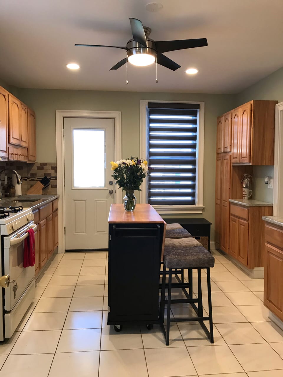Kitchen view showing back door to yard