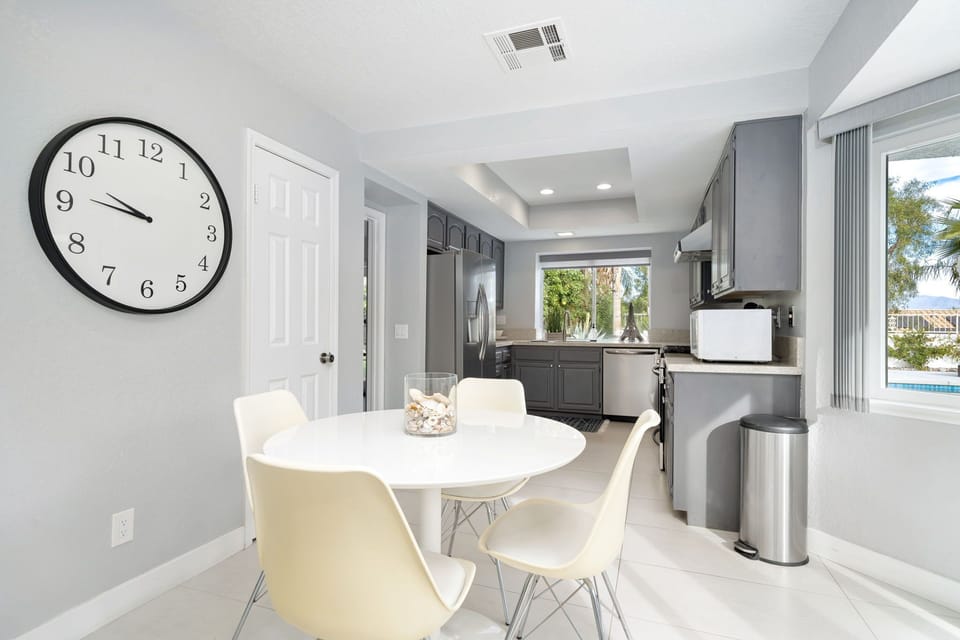 Dining area looking into kitchen.