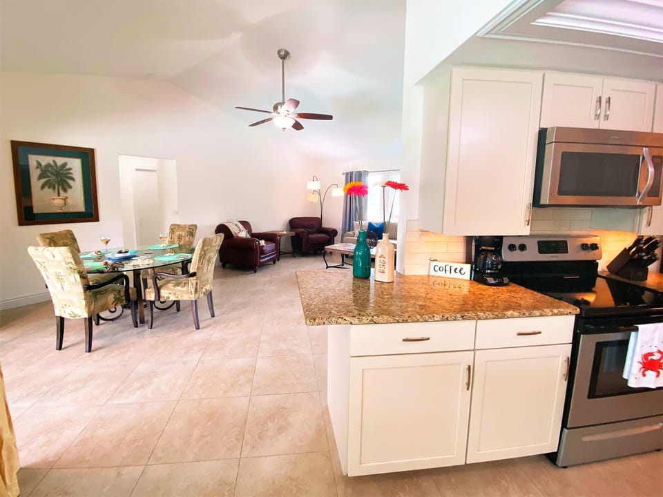 kitchen into dining room into living room