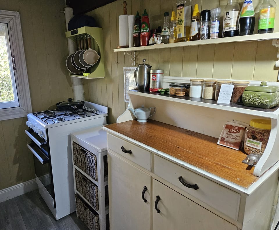 galley kitchen with cooking basics , gas oven and cooktop 
fridge freezer