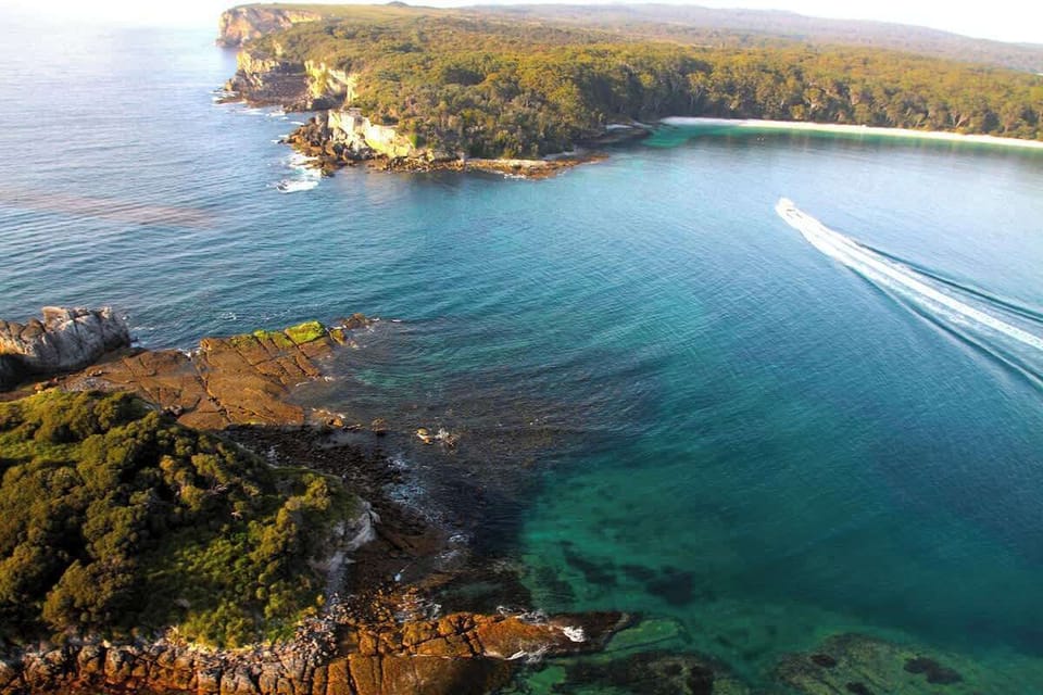 Aerial view of Bowen Island and the entrance to Jervis Bay by sea.