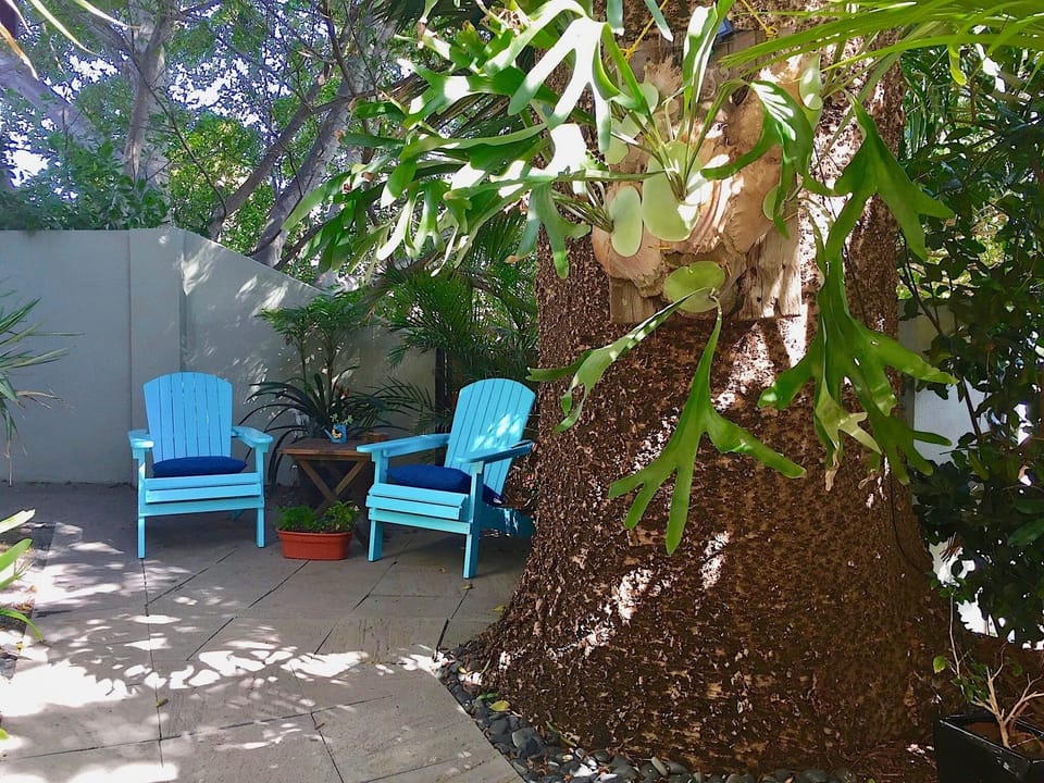 There is a shady sitting area in the courtyard (smoking is allowed here only)