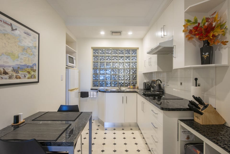 Modern kitchen with full size fridge, microwave and ceramic cooktop.