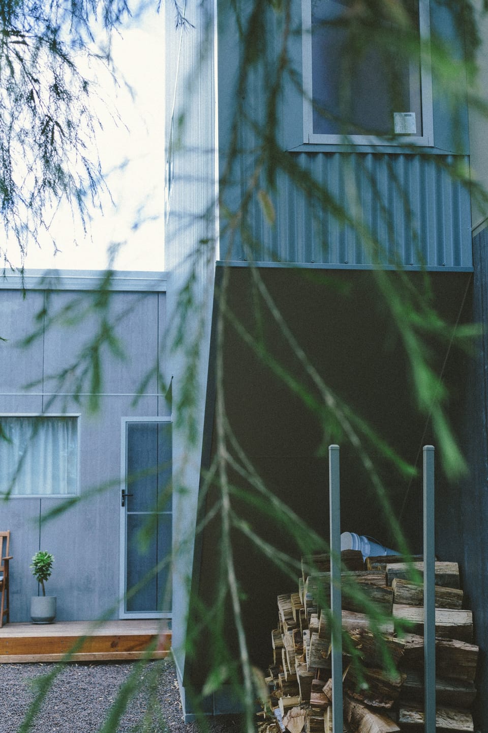 A modern exterior. Complimentary firewood provided.
