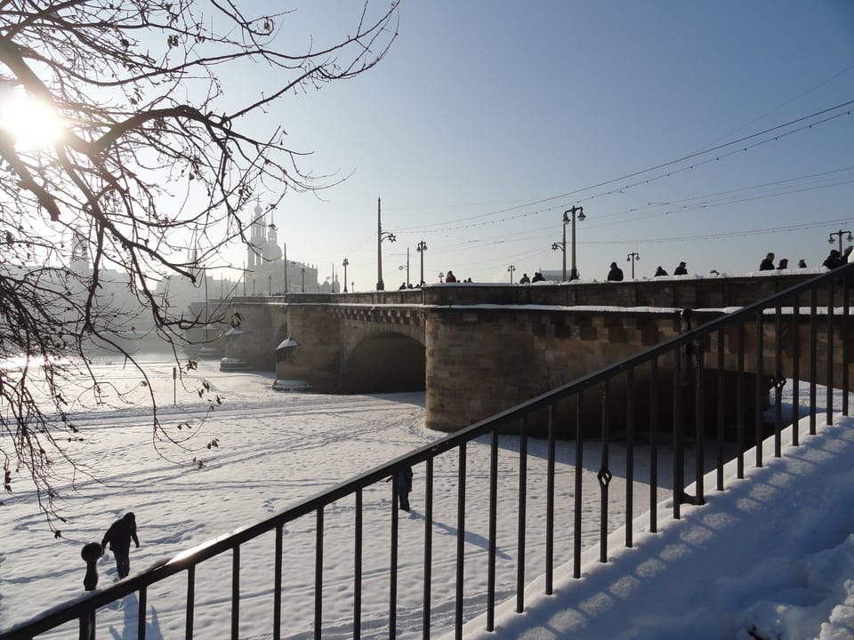 Winter in Dresden, view of Augustusbruecke bridge