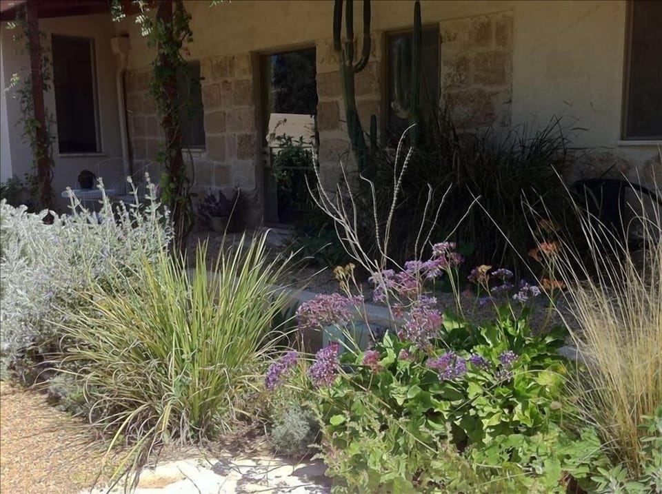 Entrance to to the cottage showing the lanai and shaded seating area.