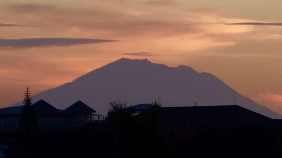 View of Mt Agung from our rooftop deck at sunrise.