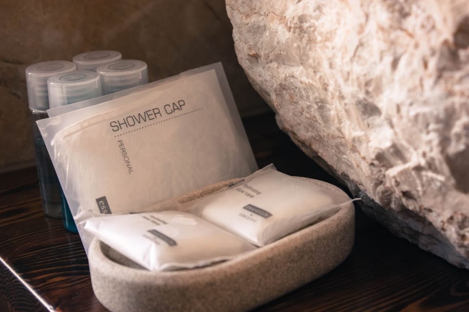 Bath soap, shampoo, hand soap and shower cap ready for our guests 