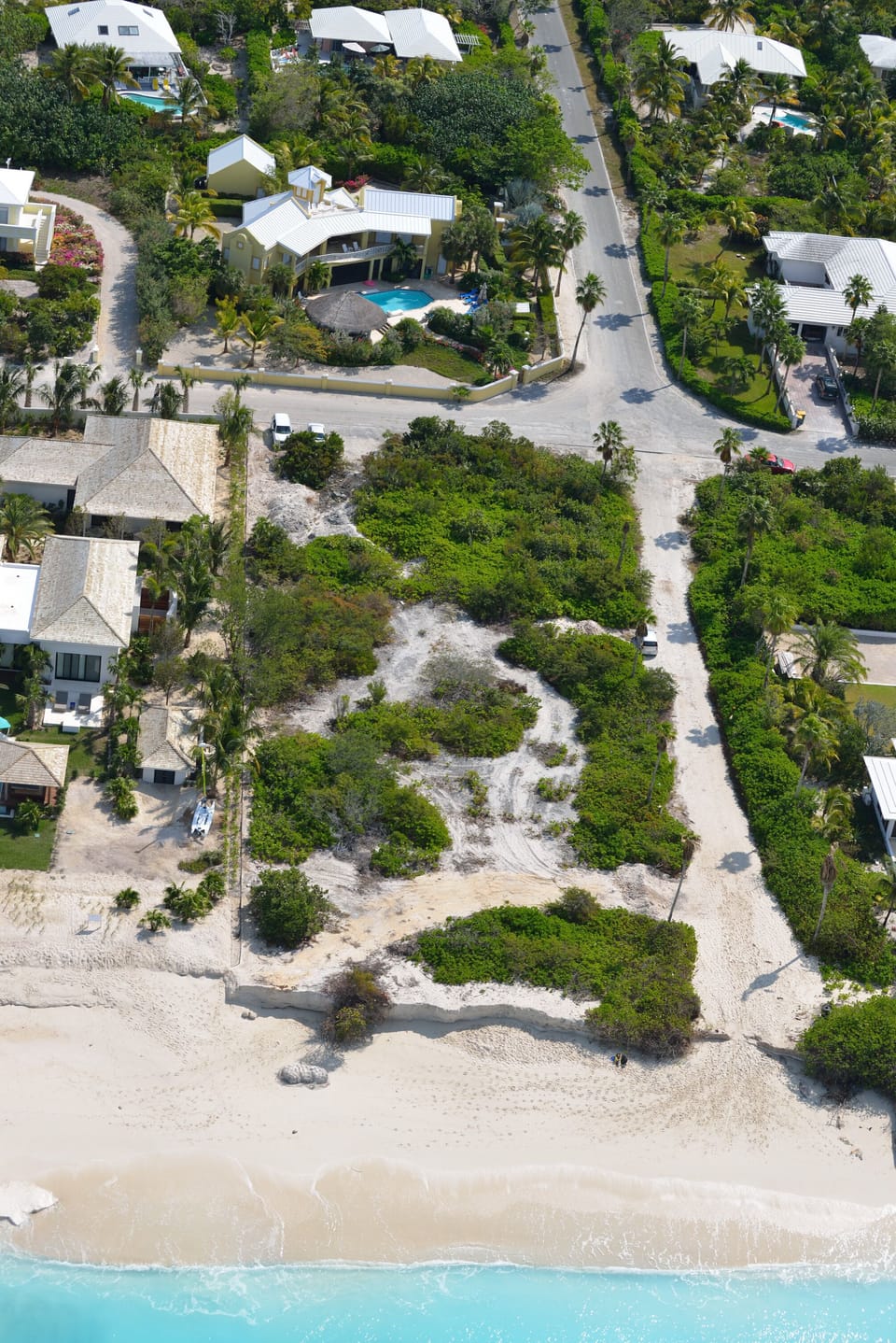 Aerial view, 150 yards by sandy lane to Grace Bay beach from villa garden gate