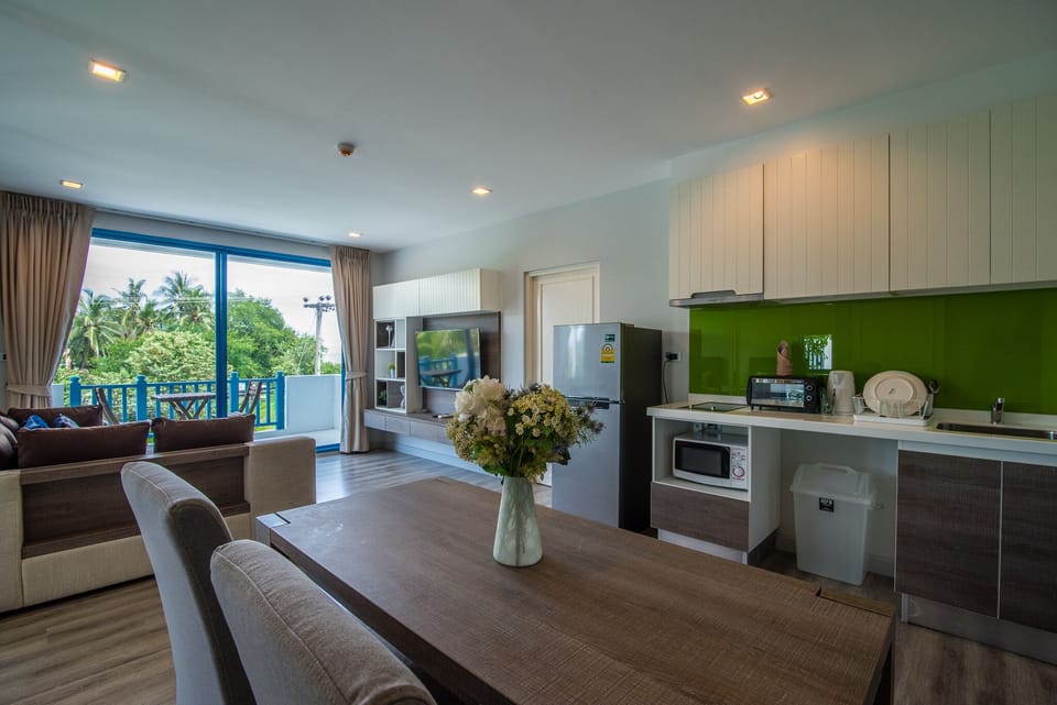 Open concept for living room, dining room & kitchen