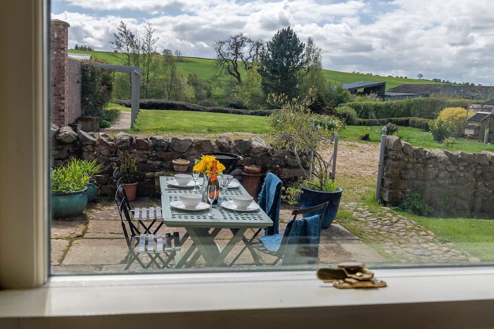 View out at the terrace and the front garden