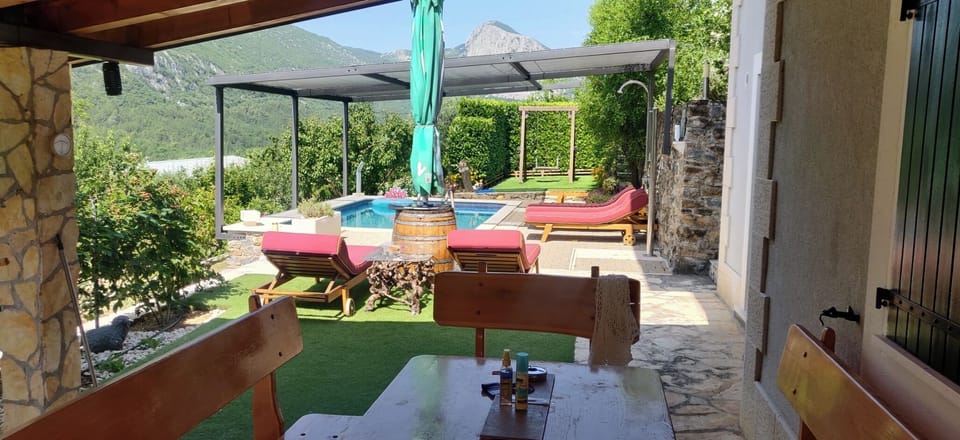 In 2025., a newly built shade structure above the swimming pool and sun loungers