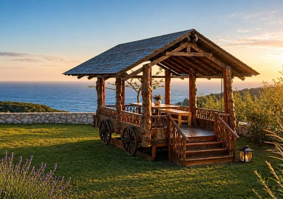 Wagon-style gazebo in the garden, relax, dine & enjoy sea views