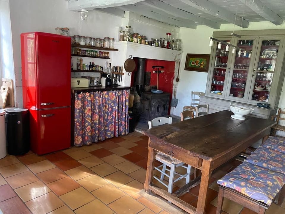 Kitchen with fridge, dish washer and wood stove
