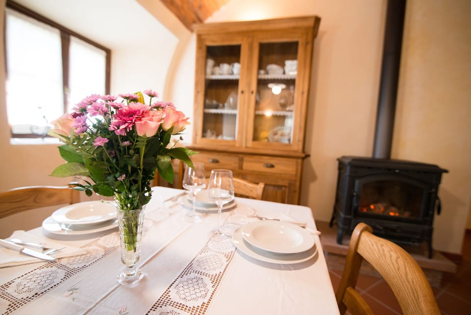 Dining room with wood stove for winter