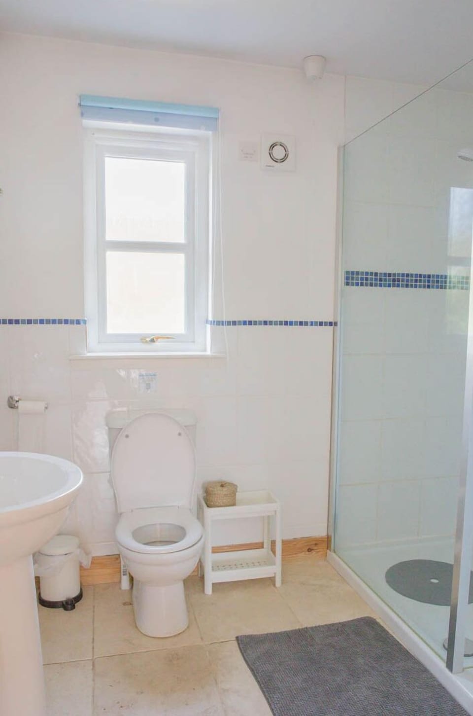 Ground floor bathroom with walk in shower room, toilet and basin