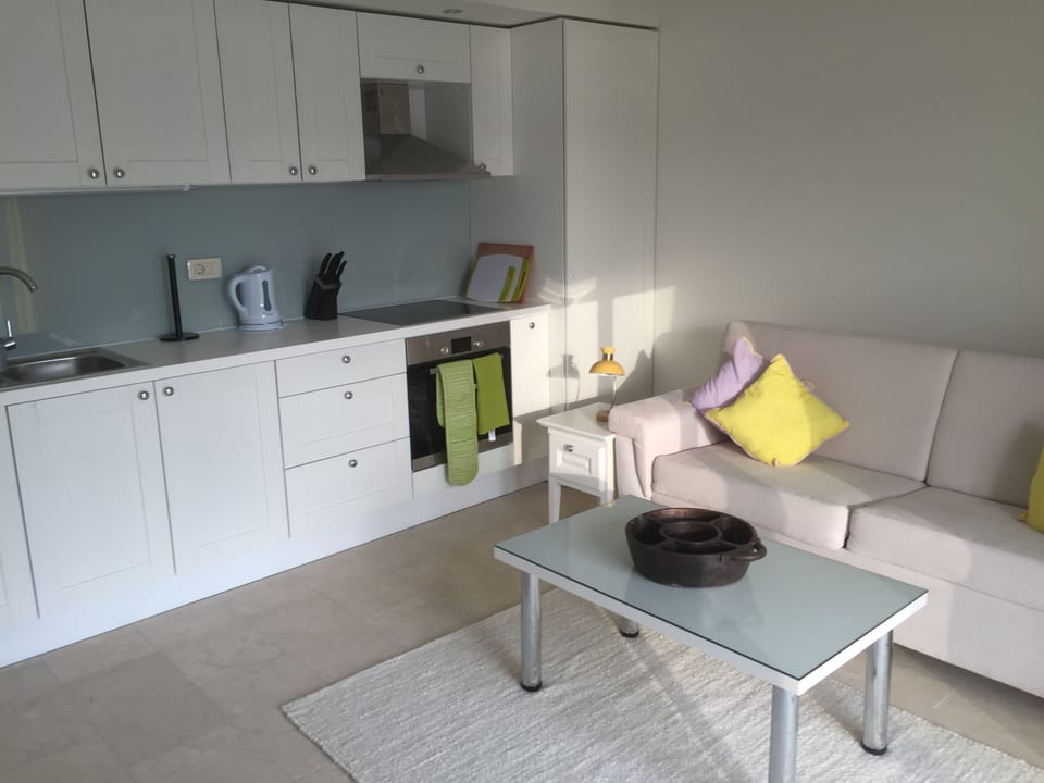 The kitchen is along one side of the sitting room and is very well equipped