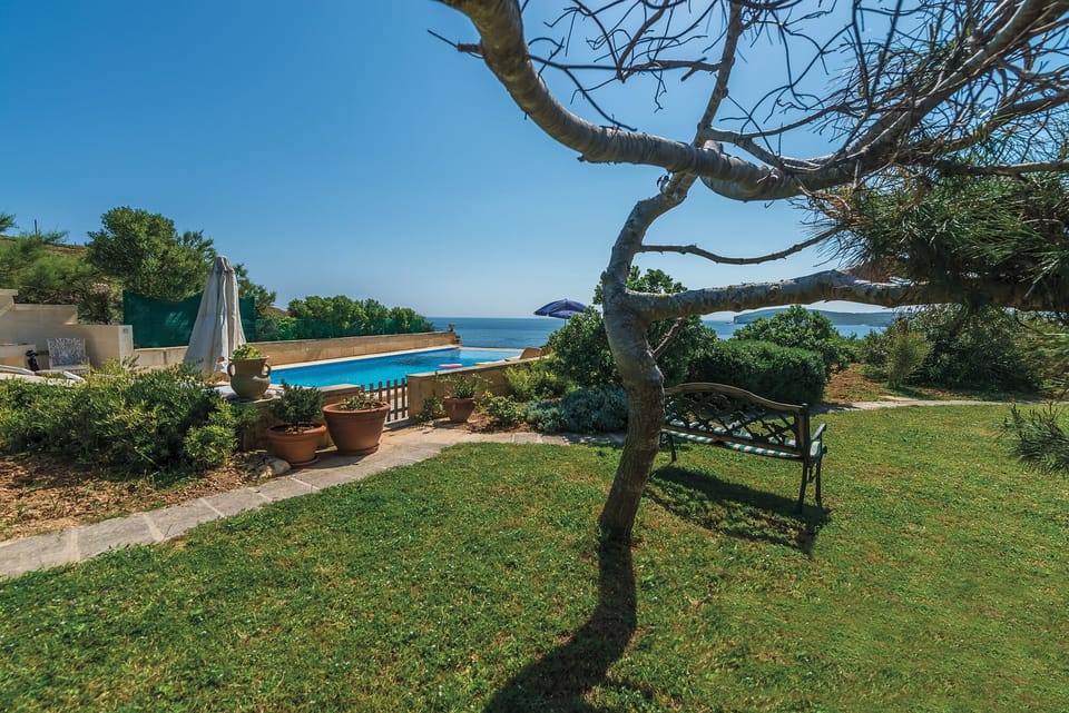 Lawn between villa and pool
