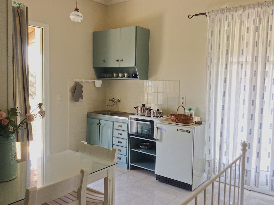 Studio offers a kitchenette with compact size refrigerator. Kefalonia apartments