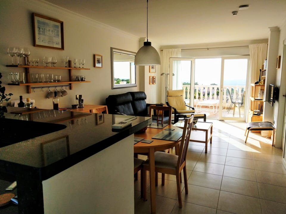 From kitchen area looking through to double patio doors to large terrace.