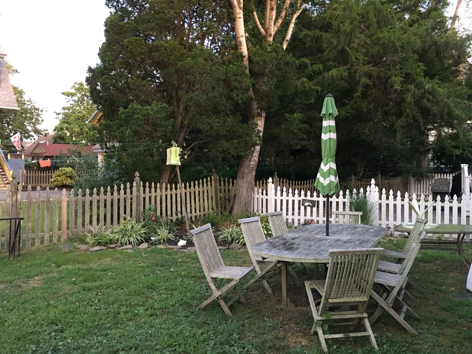 The Fenced Back yard with Teak Dining Furniture, 2 Gas Grills & Market Umbrella