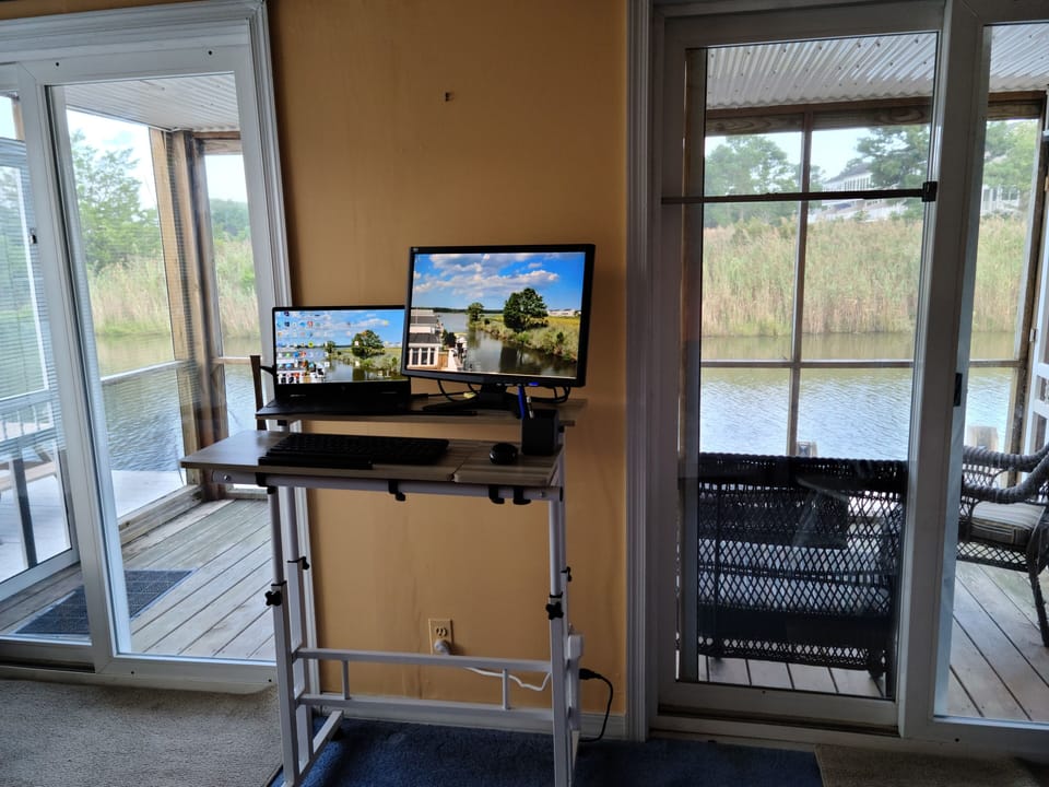 Adjustable standing/sitting desk, flat screen monitor, inkjet printer