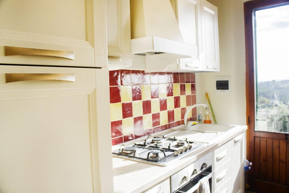 Kitchen area, showing balcony doors