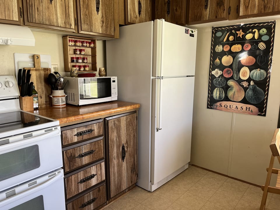 Glass top double oven range, microwave and refrigerator 