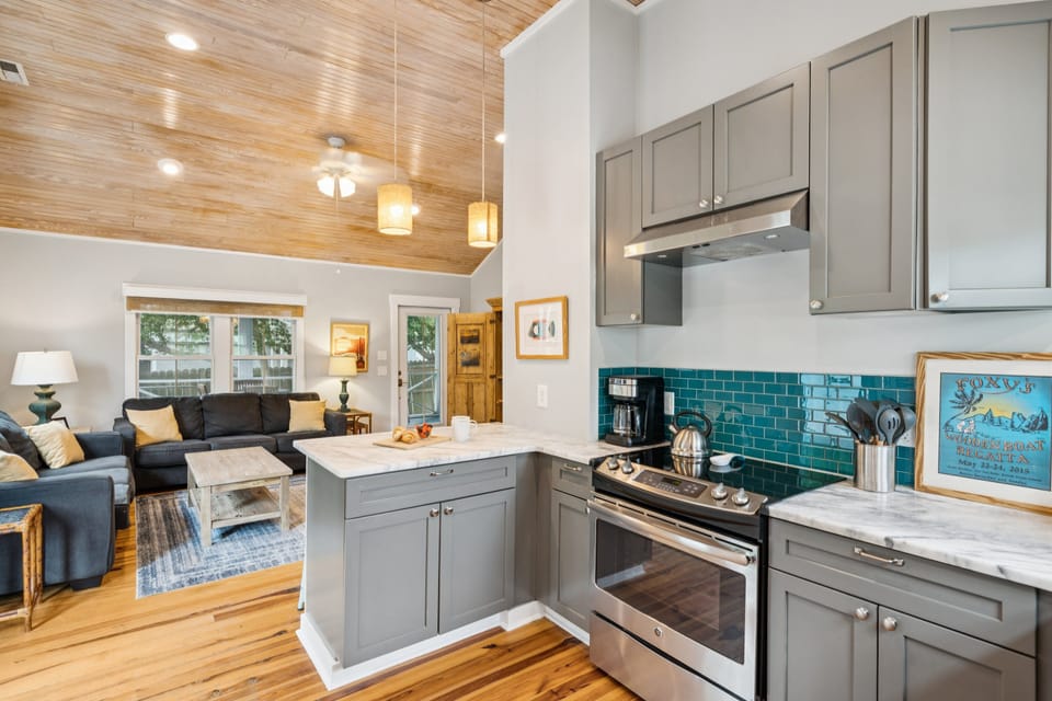 The kitchen is fully equipped, minus a dishwasher.