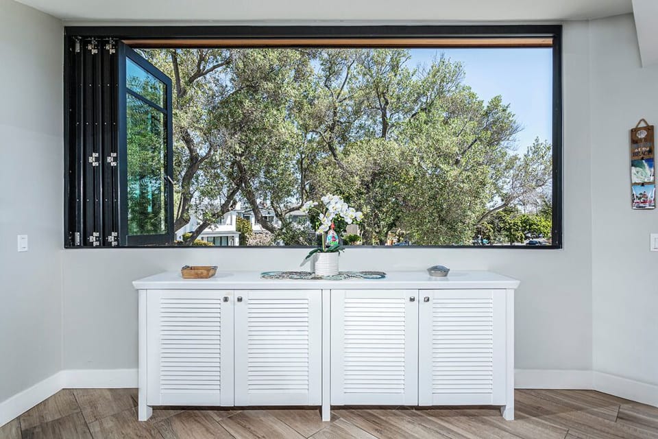 Bi-folding windows looking onto old growth Olive trees. Watch the hummingbirds!