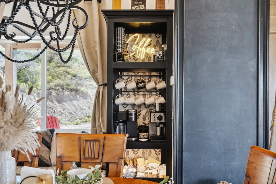 Coffee Bar with, a Keurig, coffee pot maker, tea, espresso machine, & hot coco