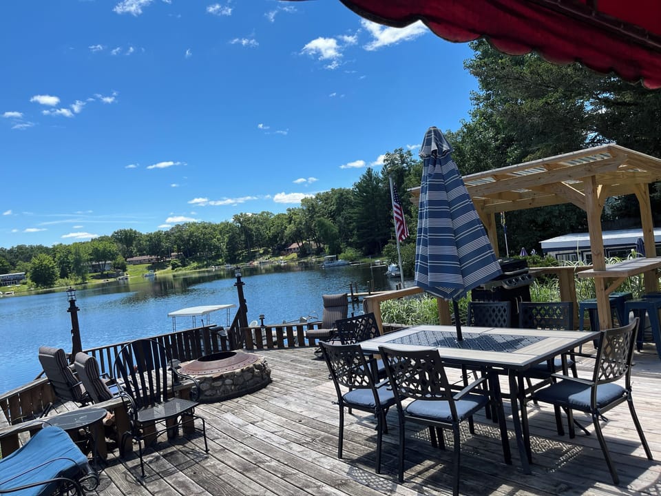 Sit outside have dinner while viewing the lake