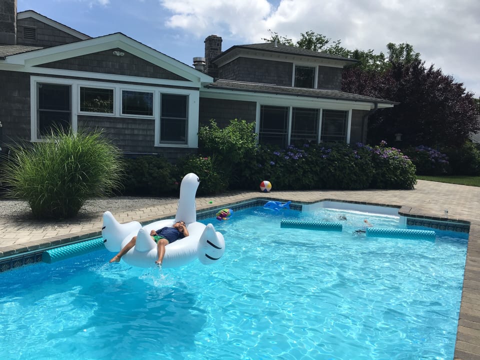 Lounging in the pool and beautiful Hydrangeas.