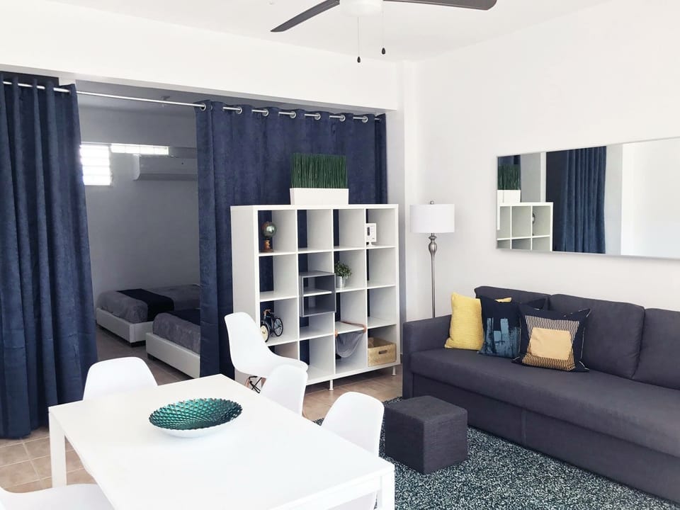 Area de sala con smart TV, sofa cama Queen en el que puede acomodar a 2 personas