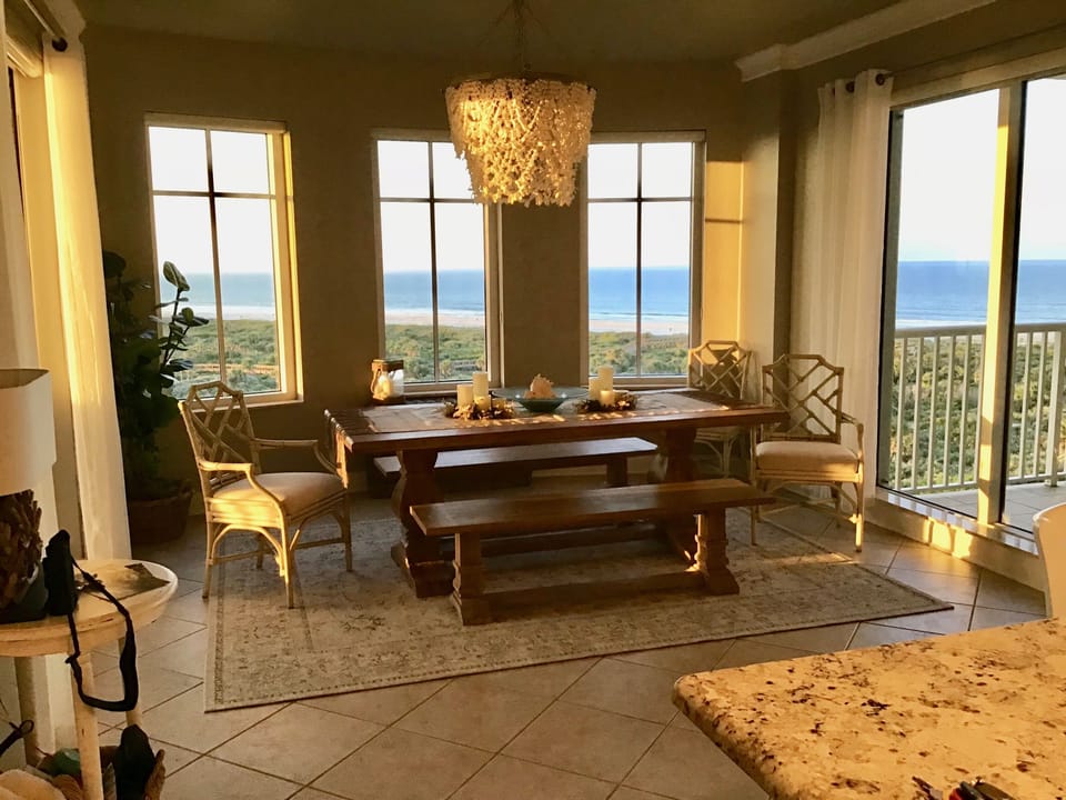 Dining area with afternoon sun.