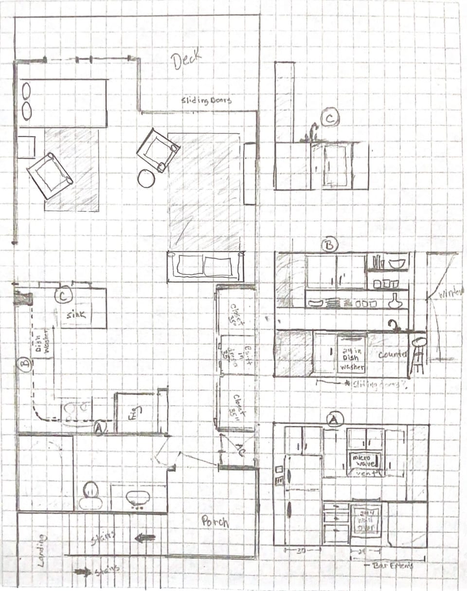 General layout of the space. Approx. 430 sq ft indoors.