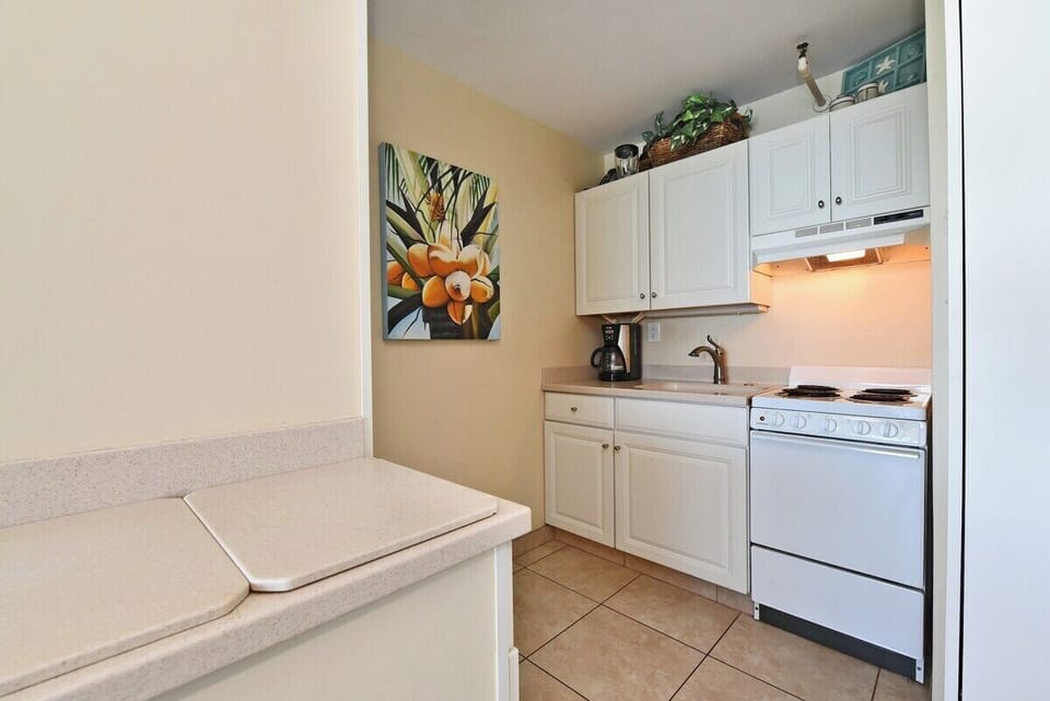 Compact kitchen with white cabinetry, small electric stove, countertop and sink, coffee maker ready, bright space accented by a floral painting.