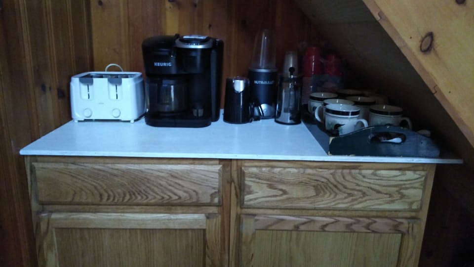 4 slice toaster, Keurig  pot with  pod, bean grinder, NutraBullet, tiny  fridge