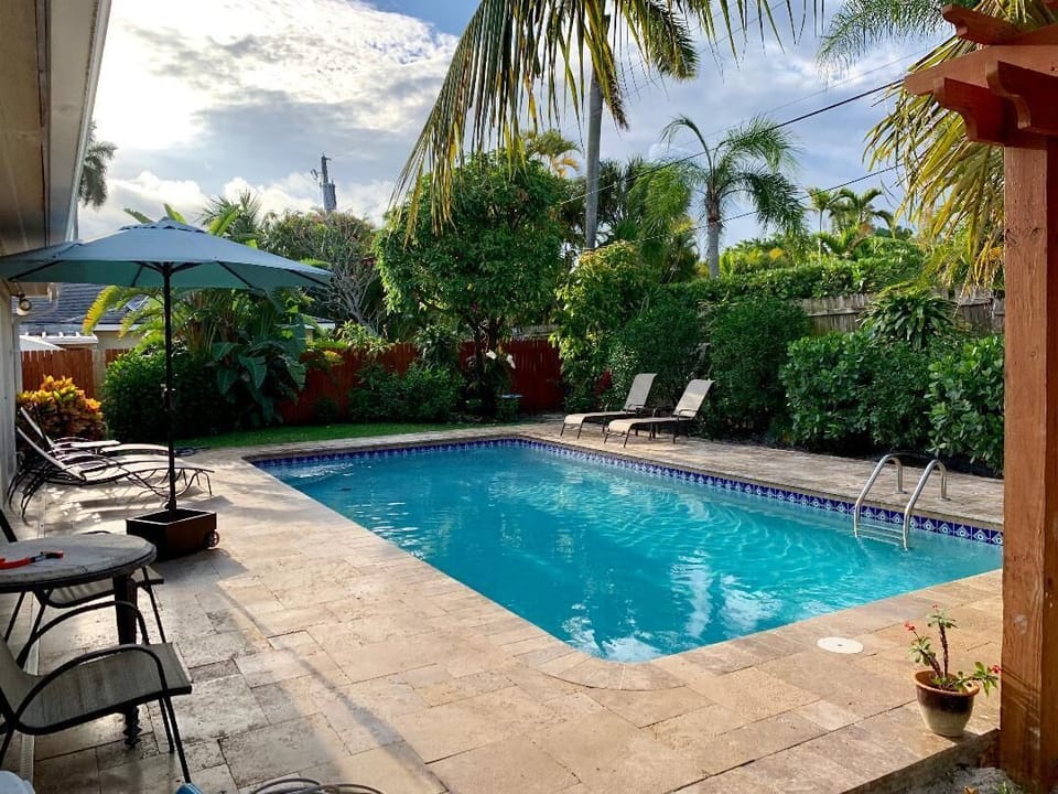 Sunny pool area gets early sun until late afternoon.