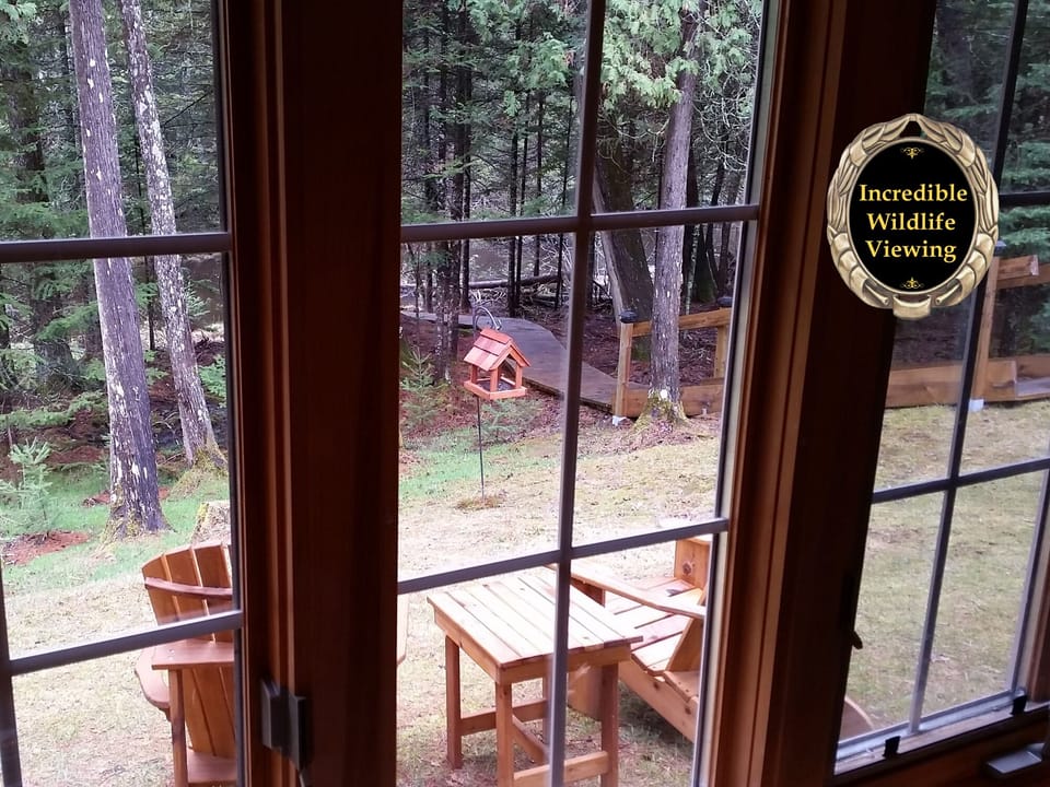 View from sunroom to sitting area and pathway to river