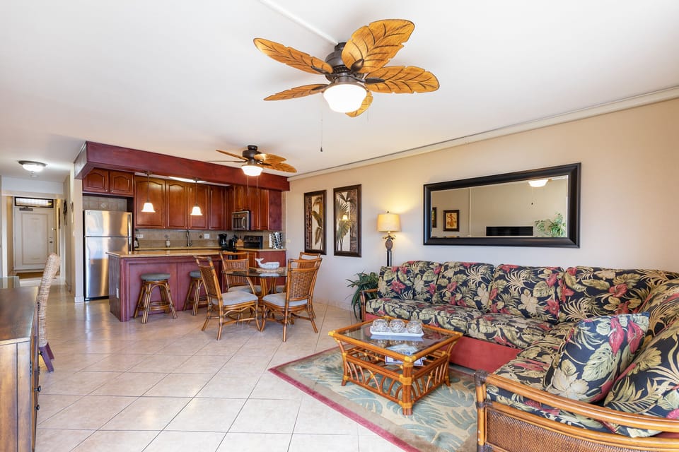Living room view with a pullout sofa. 