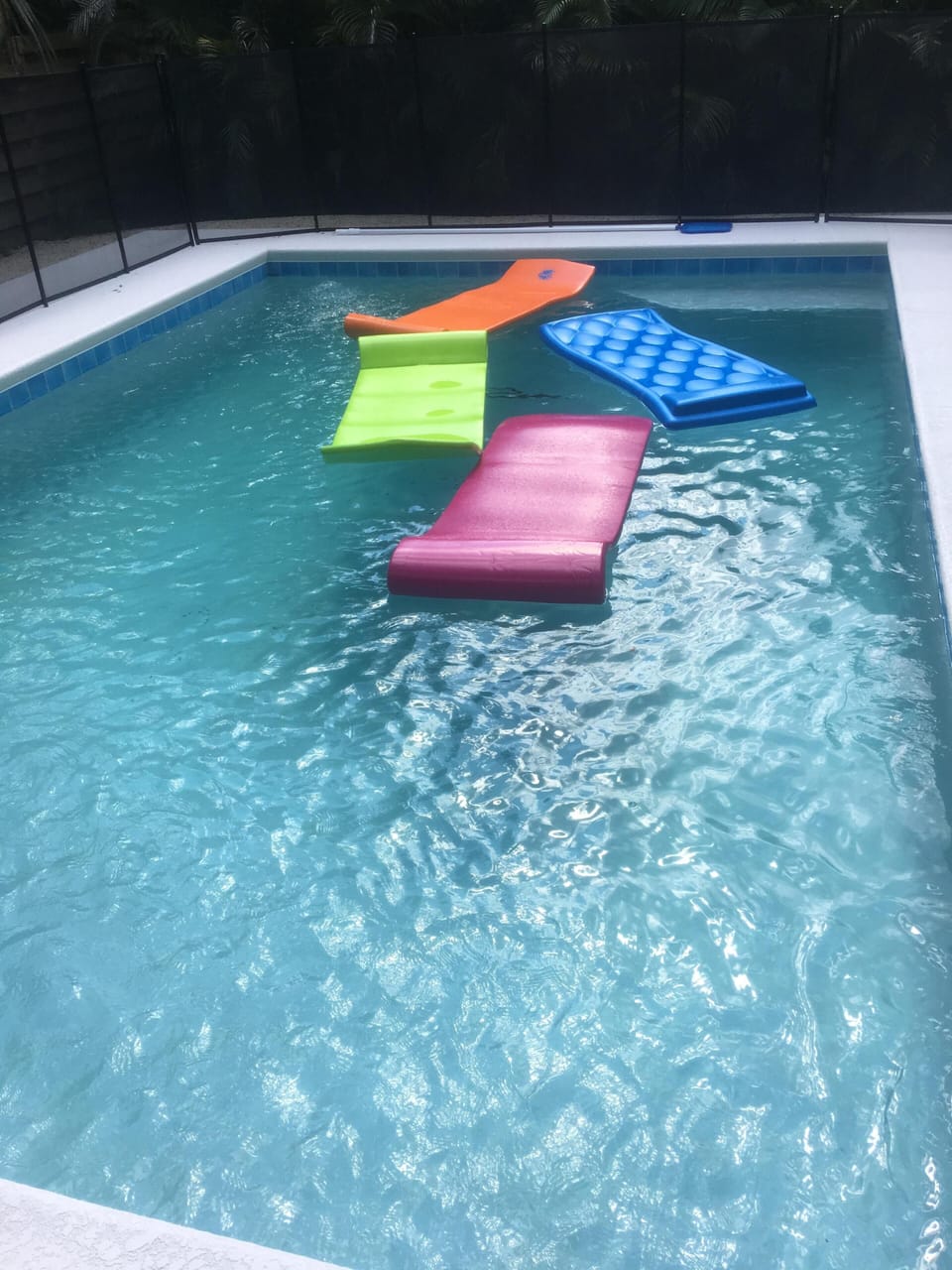 Saltwater pool has lots of pool toys available.