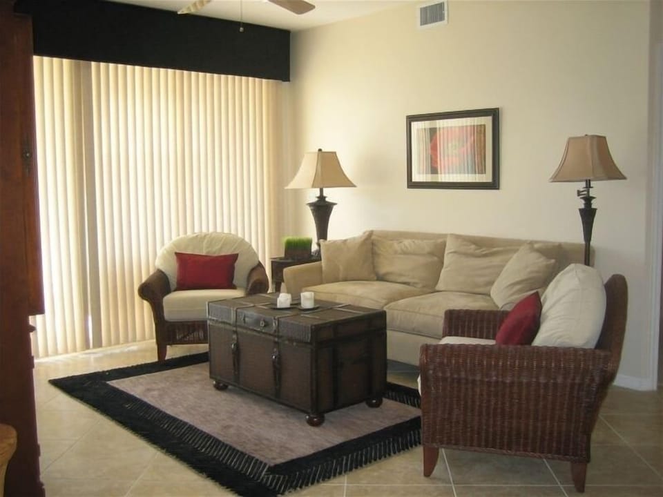 Warm living room with great view of lake.