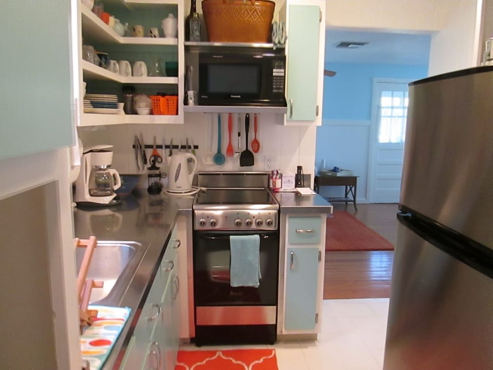 Galley kitchen looking towards front door