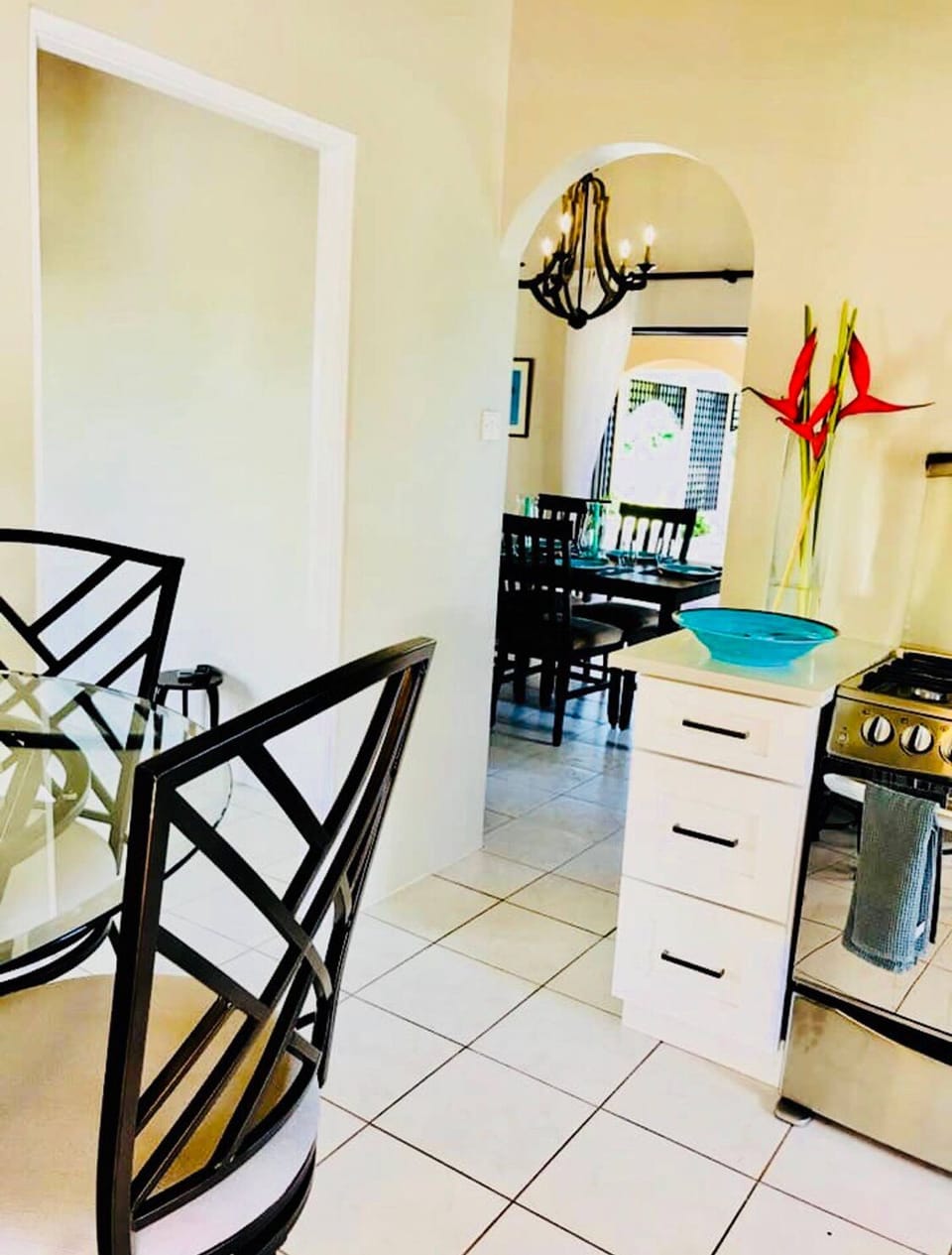 2-person eat-in kitchen.  View from kitchen door entrance.