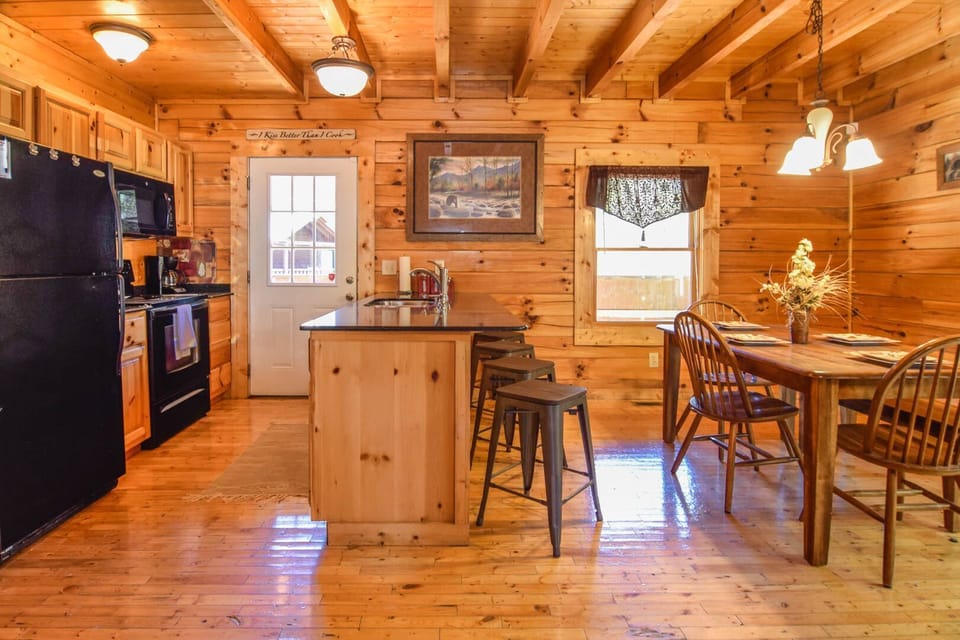 Plenty of seating in this dining room and kitchen
