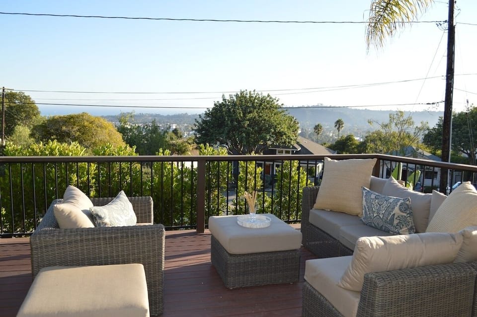 outdoor seating on one of three porches