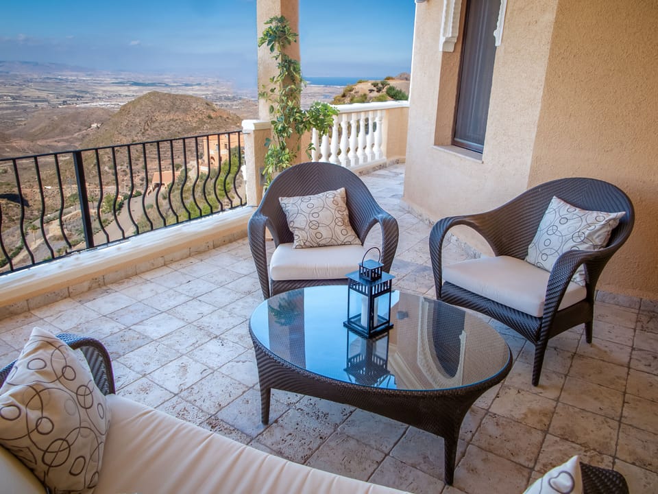 Covered seating with views out to sea.