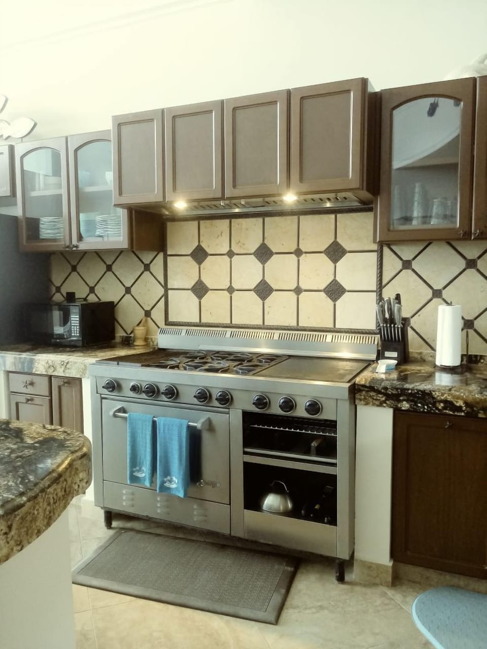 Gas chef's stove with grill, griddle, 4 burners, oversized oven and warming area