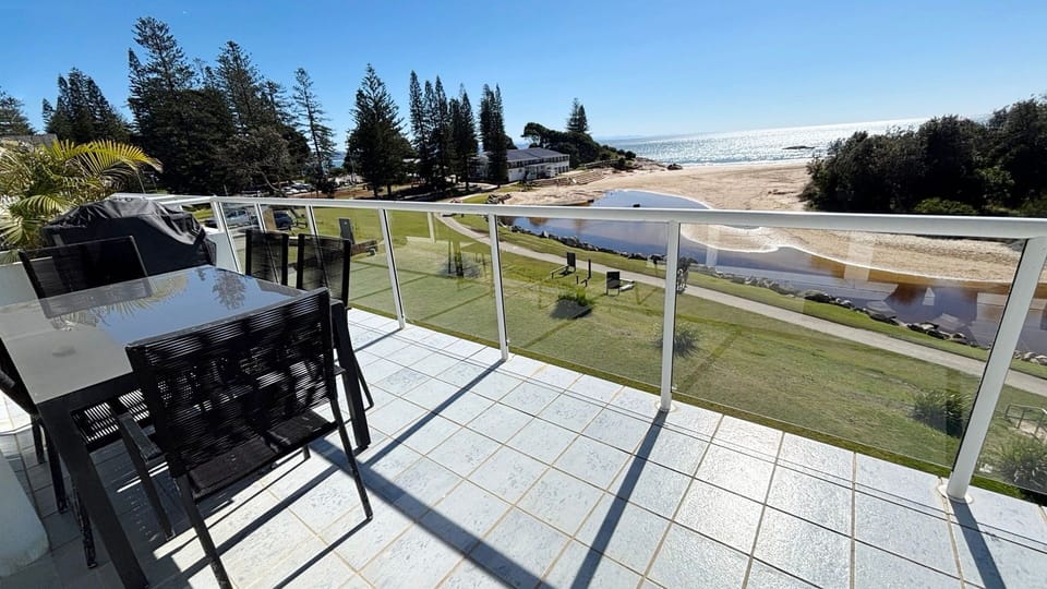 Balcony with ocean views.